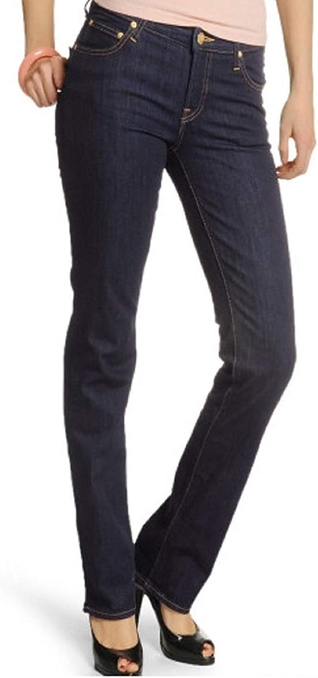 Ladies Lee Marion Mid Rise Straight Leg Stretch Jeans Zip Fly - Dark Indigo Blue Denim: Amazon 