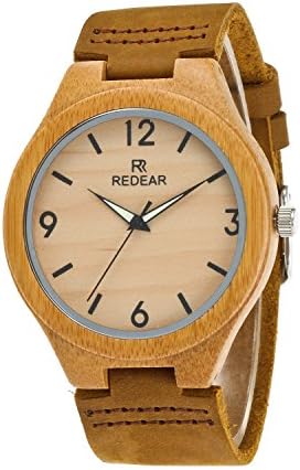 Wooden Watch, Men's Bamboo Case Wood Watch with Brown Leather Strap (Male)