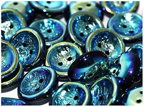 4 Pieces Czech Pressed Glass Beads Cup Button 14mm, Two Holes, Jet Full AB