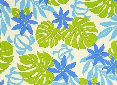 Amazon 白のハワイアンファブリック 水色のティアレ ホヌ柄 Fab 2242whaq ハワイ生地 ハワイアンプリント 布 生地 通販