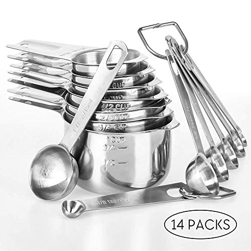 Measuring Cups Set Stainless Steel Measuring Cups and Spoons Set of 14: 7 Measuring Cups and 7 Measuring Spoons with 2 D-Rings for Dry Measurement Liquid Ingredients Cooking Baking, Best Kitchen Gadge - Thumbnail 7