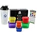 Portion control plastic container - 7 different colors comparable to the 21 day fix container to organize your daily meal breakfast, lunch, dinner - 100% Leak Proof lid lock - SHAKER BOTTLE INCLUDED