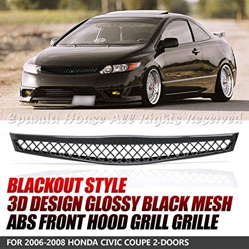 EpandaHouse For 2006-2008 Honda Civic Coupe 2Doors JDM ABS 3D Mesh Painted Glossy Black Front Hood Grill Grille