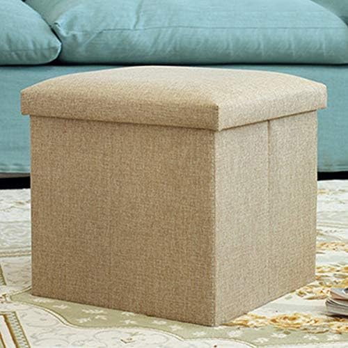PUAK523 Folding Storage Ottoman Cube Footrest Seat Multifunctional Linen Foot Rest Stools with Removable Lid for Bedroom and Living Room,25 * 25 * 25cm(Beige)