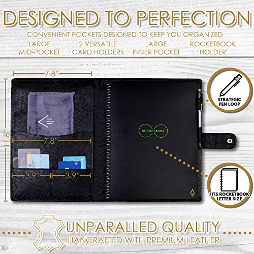 Genuine Leather Rocketbook Cover Everlast - Letter Size Notebook Cover with Pen Holder and Pockets for Business and Credit Cards - A4 Size Soft Black Leather Cover - Thumbnail 4