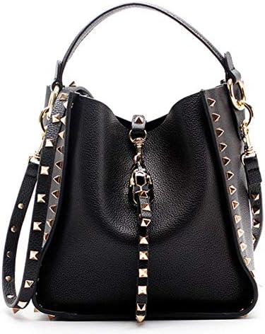 Yoome Women Cowhide Leather Bucket Bag Punk Purse Crossbody Rivets Clutch Shoulder Handbags