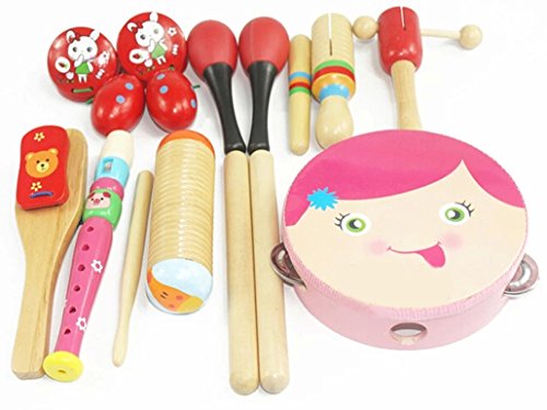 Happy Cherry 16 Piece Wooden Roll Drum Musical Toy Instruments Kit for Kids Children and Baby Gift Set - Pink