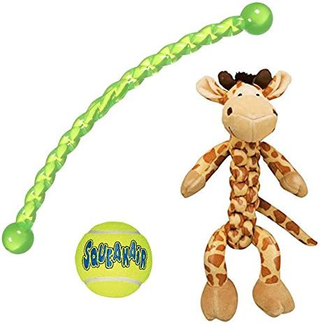 Kong Squeaky Dog Toys Variety Pack - Kong Safari Giraffe Braidz Dog Squeaker Toy, Kong Small Green Dog Safestix 15", and Air Dog Squeakair Tennis Balls (3 Pack Bundle)