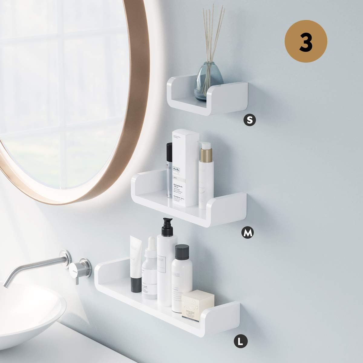 Laigoo Adhesive Floating Shelves Non-Drilling, Set of 3, Display Picture Ledge Shelf U Bathroom Shelf Organizer for Home/Wall Decor/Kitchen/Bathroom Storage(S+M+L): Kitchen & Dining