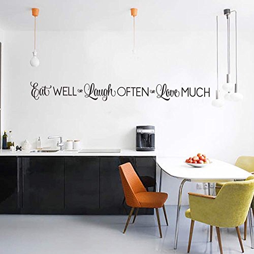 Eat Well, Laugh Often, Love Much Wall Stickers Decals Kitchen Home Decor Dining & Cooking Quote Decal Heart Removable Vinyl Art Decoration (42’’ X 4.3’’, Black)