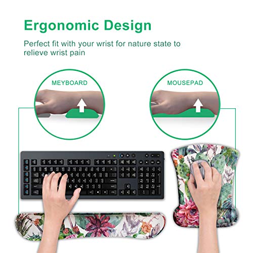 Dooke Keyboard Wrist Rest Pad and Mouse Wrist Rest Support, Comfort Wrist Rest Pad with Non-Slip Rubber Base & Memory Foam Support for Working Gaming Fatigue Pain Relief Cactus