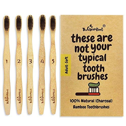 Natural Bamboo Charcoal Toothbrush For Adults W/BPA Free Nylon Bristles, Individually Numbered Pack of 4, Organic & Compostable toothbrushes, Plastic Free Packaging