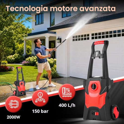 2000W Pressure Washer, Max 150 Bar Portable Pressure Washer with Foam Cannon and 10 m Tube, Electric Jet for Car, Terrace, Driveway, Fence, Floor Cleaning, Red