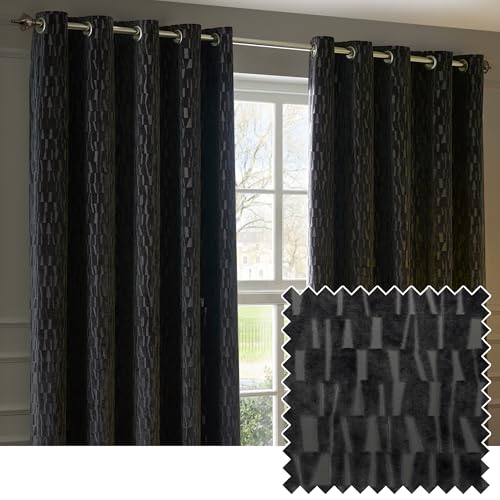 Paoletti Manhattan Room Darkening Eyelet Curtain Pair – Elegant Velvet Geometric Textured Lined Ring Top Drapes (Charcoal - 168x183cm)