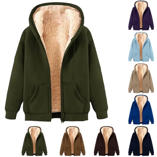 Cocila Ladies Hoodies with Zip Fleece Sweatshirts for Women UK Solid Color Women's Casual Long Sleeve Crewneck Sweatshirt Soft Comfy Loose Fit Coat with Pockets Blackish Green S