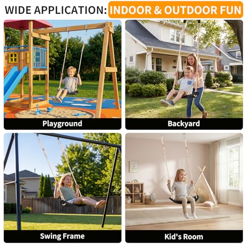 Fionrziy Ergonomic Swing, Height-Adjustable Children's Swing up to 120 kg for Outdoors, Weatherproof and Non-Slip Swing Seat, Includes Tree Straps and Carabiner for Children from 3 Years, Black