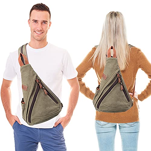 POEYLEJA Canvas Sling Bag Men & Women, Convertible Shoulder Chest Daypack, Crossbody Backpack Outdoor Hiking Travel Cycling Military Green