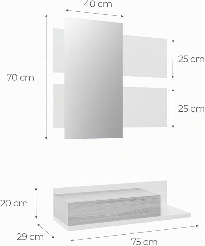 - Recibidor con cajón y Espejo, Mueble de Entrada, Modelo Cool, Acabado en Blanco-Roble, Medidas: 75 cm (Ancho) x 116 cm (Alto) x 29 cm (Fondo) — foto 3 de 7
