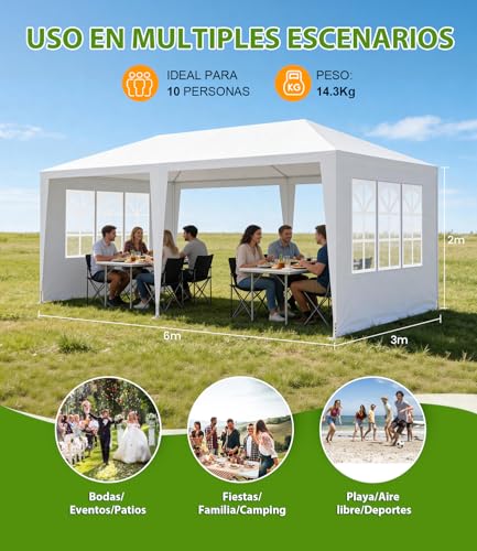 EEGVUY Carpa 6x3, Jardín Toldo con Paredes Laterales Extraíbles, Protección UV, Impermeable Carpa para Exterior Eventos Bodas, Reuniones Familiares