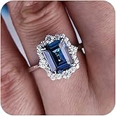 RKKOJJO 925 Sterling Silver Shiny Full Diamond Gemstone Ring Emerald Cut Blue Cubic Zirconia Rings CZ Diamond Multi Row Ring Eternity Engagement Wedding Band Ring for Women Size 6