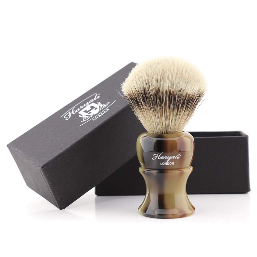 Haryali London Handmade Shaving Brush with Imitation Horn Handle- Shaving Brush for Men’s Shaving - Made with Silver Tip Badger Hairs
