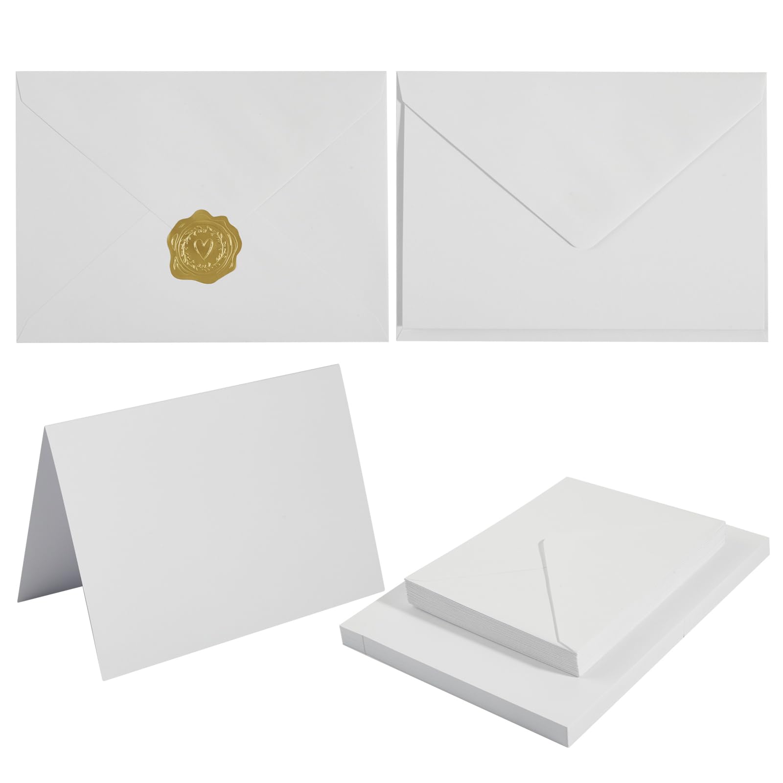 Photo 1 of 50 Pack White A6 Envelopes with Cards 4x6 Thick Folded Cardstock and Gold Stickers for Greeting Cards, Wedding, Birthday, Invitations, Baby Showers (White, 4x6)