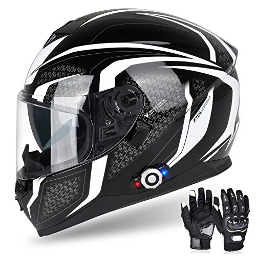 Bluetooth Motorcycle Helmet FreedConn BM12 DOT Full Face Bluetooth Helmets Motorcycle Dual Visor Helmet with Integrated Intercom System/ 2~3 Riders Pair/ 500M/ Voice Dial (Black & White, XXL)