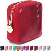 Embla Clear Cosmetic Bag Makeup Case, Clear Zipper Make Up Pouch and Toiletry Travel Tote, Cute Skincare Pouches for Women Girls, Preppy Purse Cosmetic Organizer, Mini Makeup Bags, Ruby Red