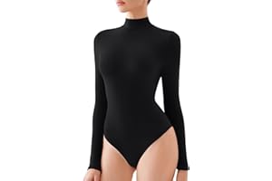 REORIA Women's Turtle Neck Long Sleeve Bodysuit Basic Slim Fit Double Lined Lightweight Layering Top for Fall & Winter