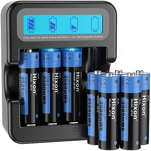 Lot de 8 piles au lithium AA rechargeables 1,5 V - 3500 mWh et 1600 cycles longs - 8 batteries au lithium 1,5 V AA avec charge rapide blanche - Écran LCD - Chargeur