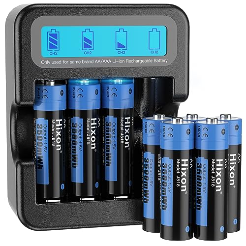 Lot de 8 piles au lithium AA rechargeables 1,5 V - 3500 mWh et 1600 cycles longs - 8 batteries au lithium 1,5 V AA avec charge rapide blanche - Écran LCD - Chargeur