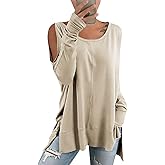 Hongqizo Women's Cold Shoulder Long Sleeve Sweatshirt Casual Crew Neck Side Split Loose Pullover Tops Blouses