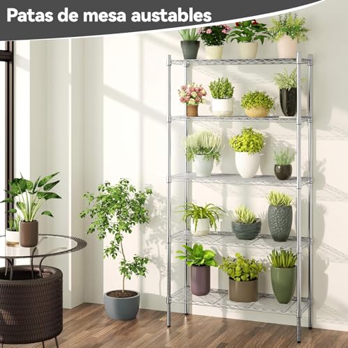 【Expandible】Estante de Almacenamiento de Metal de 5 Niveles(55x30x150CM), Estante Organizador Resistente, Rack Organizador Ajustable, Anaquel, 4 S-Ganchos, Cocina, Oficina, Despensa, Microondas(Plata)