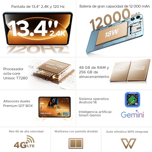 P13 Pro Tablet 13.4 Pulgadas 120Hz Android 16, 48GB RAM + 256GB(TF 2TB) Tablet con Teclado y Lapiz, T7280 Octa-Core, 12000mAh/18W, 16MP+8MP, Gemini AI, Widevine L1, Face ID, Dual SIM 4G, Azul