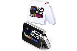 LED Digital Projection Alarm Clock with 180° Swivel, Large Display Time Date Temperature Humidity, USB Charging Port, Snooze 