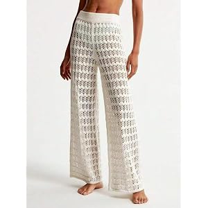 Women's Crochet High-Waisted Wide Leg Beach Pants, Hollow Out Swimwear Cover-Up Trousers for Summer