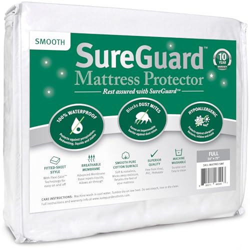 SureGuard Matratzenschoner in voller Größe, 100% wasserdicht, hypoallergen, hochwertiger Baumwollbezug, glatt