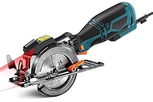 TCS115A Mini Circular Saw 5.8A 3500RPM Metal Handle with 6 Blades,Laser Electric Saw for Wood, Soft Metal (Blue)