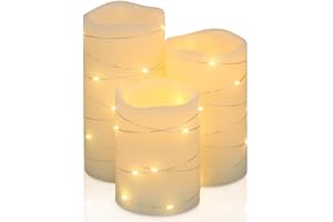 H-BLOSSOM Flickering Flameless Candles Ivory Real Wax Pillar with Embedded String Lights LED Candles Battery Operated with Cycling 5H Timer Set of 3 (3" x 4"/5"/6") (Ivory)