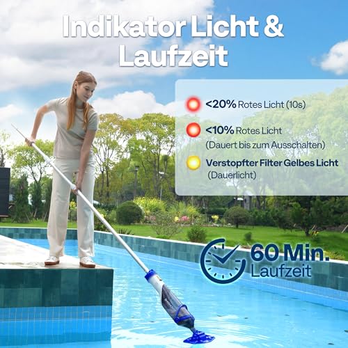 VIVOHOME 4200LPH Pool Vacuum Cleaner Battery with 278 cm Extension Pole Pool Vacuum Cleaner with 4 Filter Bags Portable Pool Cleaner with Operating Time up to 60 Minutes for Swimming Pools Hot Tubs