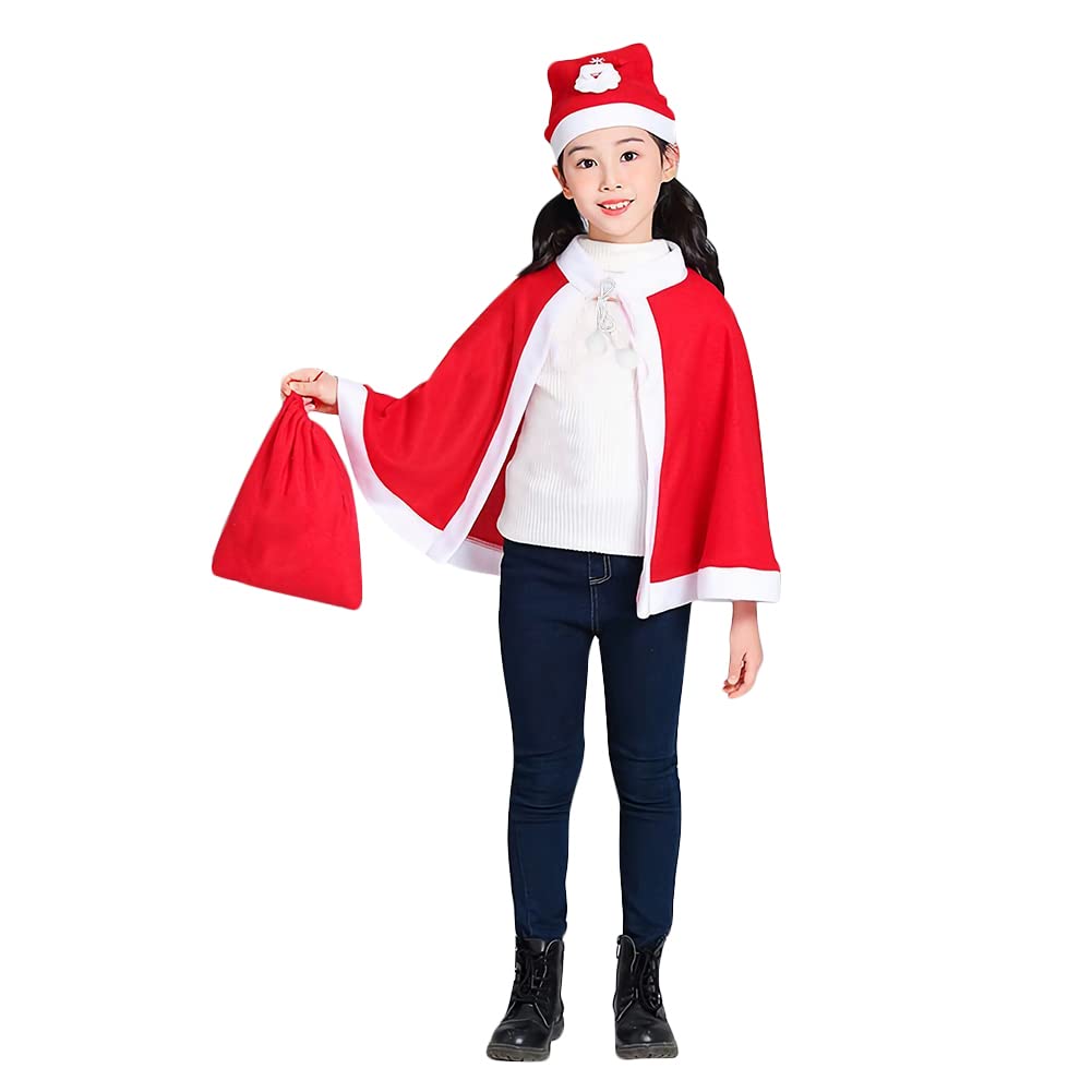 XGOPTS 3PCS Kids Christmas Costume Set,Red Short Santa Cloak Shawl+Christmas Hat+Drawstring Gift Bag Santa Claus Cape Velvet Christmas Cloak Hat Bag for Christmas Costume Accessory