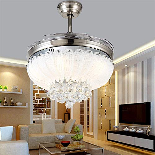 Crystal Ceiling Fan with Lights and Remote, Retractable Blades Ceiling Fan 3 Colors 3 Speeds Dimmable with Silent Motor Modern Chandelier Fan, Crystal Ceiling Fandelier for Bedroom Living Room 42 Inch