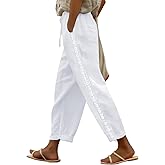 PIDOGYM Women's Linen Capri Pants, Lightweight Casual Summer Pants with Drawstring Elastic Waist & Lace Side