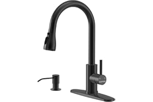 Matte Black Kitchen Faucet with Pull Down Sprayer and Soap Dispenser, DAYONE Single Handle High Arc Stainless Steel Kitchen Faucet Tap, with Escutcheon & 3 Functions, DAY-APS257MB