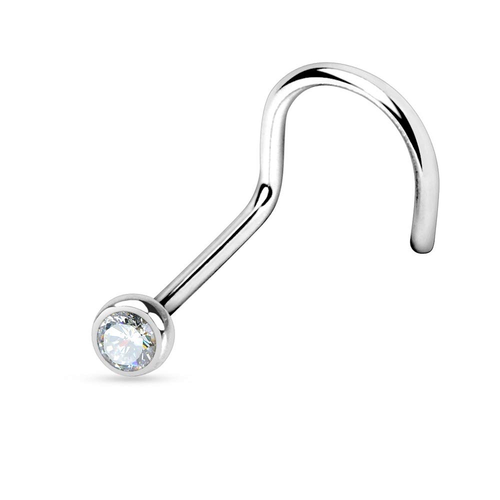 PiercedOff 316L Surgical Steel Nose Screw with Clear CZ Gem - Thickness 20GA (0.8mm) / Length 6mm / Gem Size 2.5mm