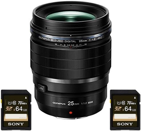 Olympus M.Zuiko Digital ED 25mm f1.2 PRO Lens, Black + 2x Sony 64GB Memory Cards