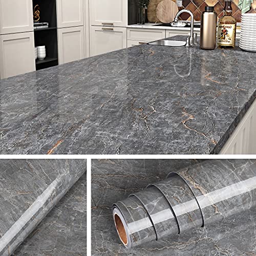 Livelynine 197 X 36 Inch Wide Dark Grey Marble Contact Paper Waterproof