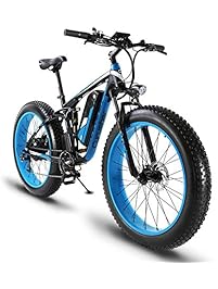 Cyrusher Fat Tire Electric Bike 1000W Snow E-Bike Beach Cruiser 48 volt Men Women Dual Suspension XF800 Off Road Mountain e-Bike Pedal Assist, Lithium Battery Hydraulic, Disc Brakes Shimano 7 Speeds