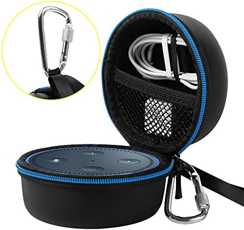 Travel Portable Carrying Protective Hard Case Box Pouch for Amazon All-New Echo Dot(2nd Generation) with Carabiner(Fits USB Cable and Wall Charger) - Black(Blue Zipper)-PU Material