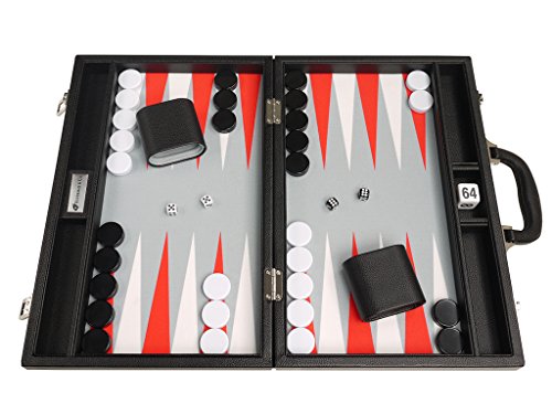 16-inch Premium Backgammon Set - Medium Size - Black Board, White and Scarlet Red Points
